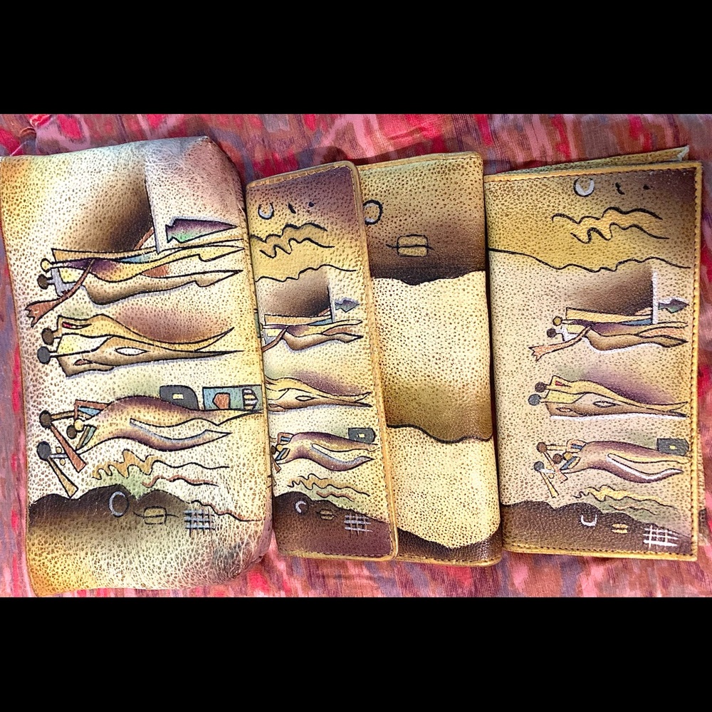 Three Piece Leather Clutch, Wallet Set w hand painted deco design